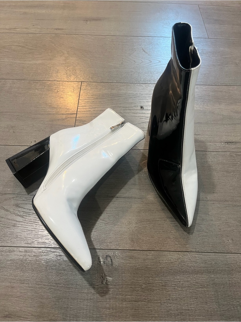 Public Desire Two-Tone Black & White Patent Pointed Ankle Boots